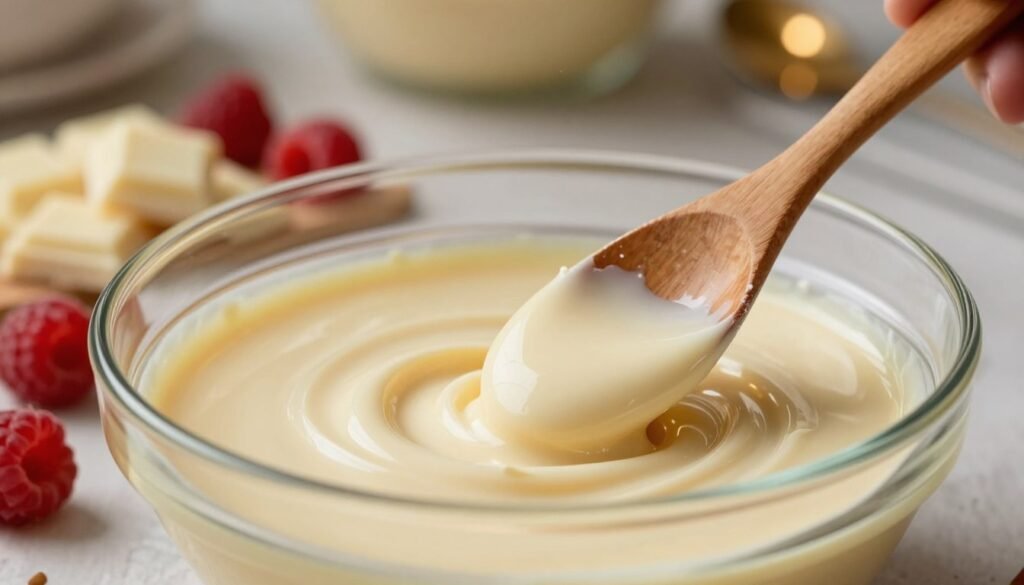 A close-up shot of white chocolate being melted in a glass bowl, showcasing its creamy texture with swirls and glistening reflections from the overhead light. In the foreground, a wooden spoon stirs the melted chocolate, with small splashes subtly visible. The middle ground features a scattering of fresh raspberries and chunks of white chocolate, adding vibrant red and ivory colors that contrast beautifully. In the background, a soft-focus kitchen scene with warm, ambient lighting creates a cozy, inviting atmosphere. The image captures a sense of warmth and hominess, evoking the delicious aromas of baking. A shallow depth of field enhances the subject, emphasizing the melting chocolate's glossy sheen while softening the background.