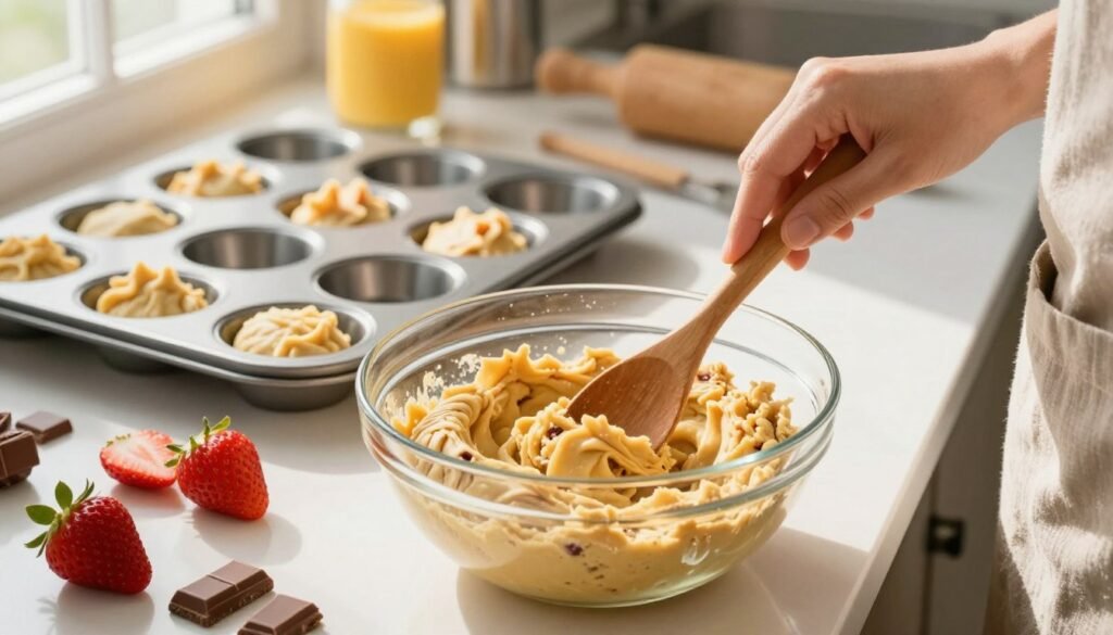 A close-up view of a beautifully arranged kitchen counter featuring vibrant, freshly made cookie dough in a glass bowl, with chunks of chocolate and pieces of strawberries scattered around. In the foreground, a hand wearing a simple apron mixes the cookie dough with a wooden spoon, capturing the essence of preparation. The middle layer showcases the cookie dough being scooped into a muffin tin, with cookie cups already baked and golden-brown. In the background, warm sunlight streams through a window, illuminating the scene and creating a cozy, inviting atmosphere. Soft shadows accent the textures of the dough and the tin, evoking a cheerful, home-cooking vibe, perfect for a step-by-step tutorial atmosphere.