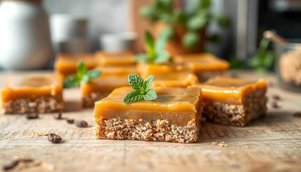 A close-up view of a delicious dairy-free caramel slice, showcasing its rich, glossy caramel layer on top of a crumbly base made from oats and nuts. In the foreground, the slice is cut into neat squares, revealing the creamy texture of the caramel and the contrasting crunchy crust. The warm, golden caramel glistens under soft, diffused natural light, emphasizing its smoothness and inviting appearance. The middle ground features a rustic wooden table, adorned with a sprig of fresh mint and a few scattered cocoa nibs for added texture. In the background, a blurred kitchen setting with a hint of greenery creates a cozy, inviting atmosphere. This image evokes a sense of warmth and indulgence, perfect for a delicious vegan treat. A close-up view of a delicious dairy-free caramel slice, showcasing its rich, glossy caramel layer on top of a crumbly base made from oats and nuts. In the foreground, the slice is cut into neat squares, revealing the creamy texture of the caramel and the contrasting crunchy crust. The warm, golden caramel glistens under soft, diffused natural light, emphasizing its smoothness and inviting appearance. The middle ground features a rustic wooden table, adorned with a sprig of fresh mint and a few scattered cocoa nibs for added texture. In the background, a blurred kitchen setting with a hint of greenery creates a cozy, inviting atmosphere. This image evokes a sense of warmth and indulgence, perfect for a delicious vegan treat.