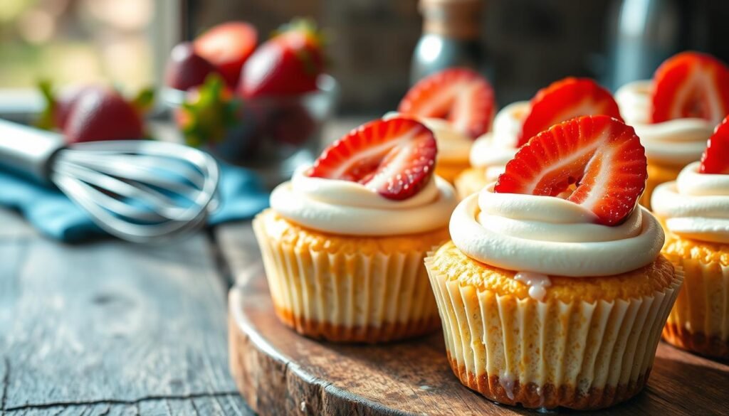 A close-up view of delicious cheesecake cupcakes arranged on a rustic wooden table. Each cupcake features a perfectly smooth, creamy cheesecake filling topped with a fresh strawberry slice, glistening with a light glaze. The fluffy cupcake base is golden-brown, contrasting beautifully with the white cheese filling. Soft, natural light streams in from the side, illuminating the texture of the cheesecake and creating a warm, inviting atmosphere. A blurred background includes a small bowl of vibrant strawberries and a whisk, suggesting the process of baking. The image captures the essence of indulgence and homely charm, inviting viewers to imagine the rich flavors of freshly made strawberry cheesecake cupcakes.