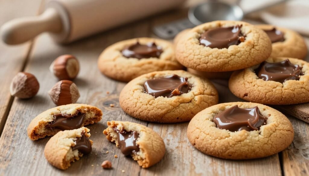 A close-up view of freshly baked chocolate hazelnut cookies, arranged attractively on a rustic wooden table. The cookies exhibit a golden-brown color with melted Nutella oozing from their centers, glistening under soft, warm lighting. In the foreground, a few broken cookies are placed beside whole ones, showcasing gooey, rich filling. In the middle ground, scattered hazelnuts add texture and depth, emphasizing the flavor. In the background, slightly out of focus, a rolling pin and measuring spoons hint at the baking process. Shooting from a slightly elevated angle creates an inviting perspective, enhancing the mouthwatering appeal. The atmosphere is cozy and homey, evoking a warm, inviting kitchen experience as the perfect setting for preparing delicious treats.