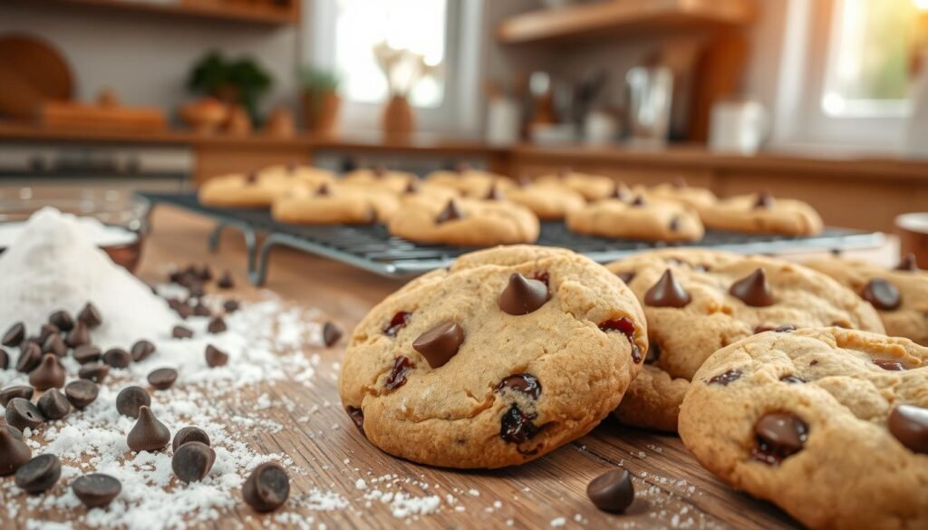 A close-up view of freshly baked homemade chocolate chip cookies, golden-brown and slightly crispy on the edges with gooey, melted chocolate chunks visible. The foreground features a rustic wooden table scattered with baking ingredients—flour, sugar, and chocolate chips—for added context. In the middle, a cooling rack holds a batch of the cookies, some still warm and glistening. The background showcases an inviting kitchen with soft, natural light streaming through a window, creating a warm, cozy atmosphere. A few kitchen utensils, like a whisk and measuring cups, are subtly arranged to suggest a homely baking experience. The overall mood is cheerful and inviting, perfect for showcasing the essential ingredients for successful baking. A close-up view of freshly baked homemade chocolate chip cookies, golden-brown and slightly crispy on the edges with gooey, melted chocolate chunks visible. The foreground features a rustic wooden table scattered with baking ingredients—flour, sugar, and chocolate chips—for added context. In the middle, a cooling rack holds a batch of the cookies, some still warm and glistening. The background showcases an inviting kitchen with soft, natural light streaming through a window, creating a warm, cozy atmosphere. A few kitchen utensils, like a whisk and measuring cups, are subtly arranged to suggest a homely baking experience. The overall mood is cheerful and inviting, perfect for showcasing the essential ingredients for successful baking.