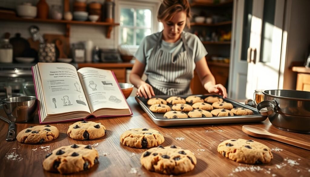 A cozy kitchen scene featuring a wooden table with various baking tools scattered around, including measuring cups, a mixing bowl, and a spatula. In the foreground, freshly baked chocolate chip cookies display different textures to illustrate common baking issues, such as spread and uneven shapes. A half-open textbook with illustrated troubleshooting tips lies nearby. In the middle ground, a baker dressed in a simple, modest apron examines a tray of cookies with a thoughtful expression, ensuring they achieve the perfect thickness. Natural sunlight streams in from a window, casting a warm glow over the scene, enhancing the inviting atmosphere of a homey baking environment. Soft focus on the background reveals a well-stocked pantry with baking supplies, contributing to the feeling of a well-loved kitchen. A cozy kitchen scene featuring a wooden table with various baking tools scattered around, including measuring cups, a mixing bowl, and a spatula. In the foreground, freshly baked chocolate chip cookies display different textures to illustrate common baking issues, such as spread and uneven shapes. A half-open textbook with illustrated troubleshooting tips lies nearby. In the middle ground, a baker dressed in a simple, modest apron examines a tray of cookies with a thoughtful expression, ensuring they achieve the perfect thickness. Natural sunlight streams in from a window, casting a warm glow over the scene, enhancing the inviting atmosphere of a homey baking environment. Soft focus on the background reveals a well-stocked pantry with baking supplies, contributing to the feeling of a well-loved kitchen.