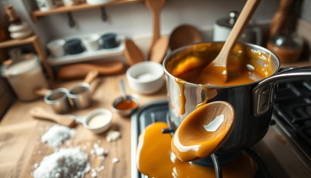 A cozy kitchen scene focused on a culinary workspace, featuring a saucepan on a stovetop with rich, bubbling caramel filling. The caramel is a deep golden brown, glistening under warm, soft overhead lighting. In the foreground, a wooden spoon is poised as if ready to stir, surrounded by scattered ingredients like sugar, butter, and a pinch of salt. In the middle ground, a rustic wooden countertop reveals measuring cups and a small bowl of vanilla extract, adding a touch of homeliness to the setup. The background showcases blurred shelves with baking essentials and a window letting in natural light, enhancing a warm, inviting atmosphere. The camera angle is slightly overhead, capturing the entire crafting process while maintaining focus on the creamy texture of the caramel.