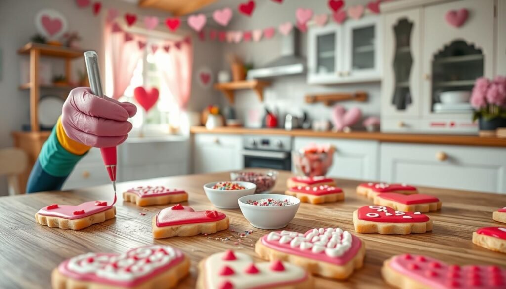 A cozy kitchen scene focused on cookie decorating, featuring heart-shaped shortbread cookies on a wooden table, adorned with vibrant pink and red icing. In the foreground, a pair of hands, wearing colorful gloves, delicately pipe royal icing onto the cookies with various festive designs, including polka dots and swirls. In the middle, an array of sprinkles and edible glitter is scattered around, alongside small bowls filled with different colors of icing. The background shows a softly lit kitchen, with pastel-colored decorations and heart garlands hanging, creating a warm and inviting atmosphere. Natural light filters through a nearby window, illuminating the scene and enhancing the playful, creative mood of decorating Valentine's sweets.