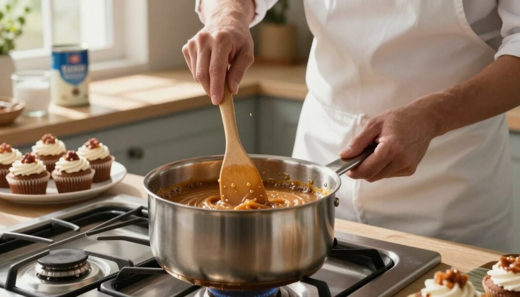 A cozy kitchen scene focused on the creation of dulce de leche filling for banoffee cupcakes. In the foreground, a stainless steel saucepan simmers on a gas stove, thick caramel bubbling gently inside. A wooden spatula rests beside it, and droplets of golden caramel create a glossy sheen. In the middle, a chef in a white apron expertly stirs the mixture, their expression focused and passionate about perfecting the filling. The background features a softly lit countertop with ingredients like sugar, vanilla, and a can of sweetened condensed milk, creating a warm, inviting atmosphere. Natural light streams through a window, casting gentle shadows, while a plate of freshly baked cupcakes sits enticingly nearby, hinting at the delicious result of the filling.