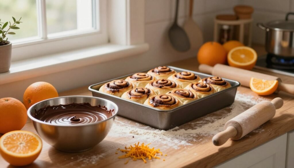 A cozy kitchen scene showcasing the art of baking delicious chocolate orange cinnamon rolls. In the foreground, a wooden countertop is covered with a flour-dusted surface, where a mixing bowl filled with rich, melted chocolate sits beside fresh orange zest and whole oranges. A rolling pin and measuring cups hint at the preparation process. In the middle ground, cinnamon rolls are rising in a baking dish, their swirls beautifully highlighted by soft, warm light streaming in from a window. The background features charming kitchen elements, such as hanging utensils and a spice rack, all illuminated by gentle natural light, creating a warm and inviting atmosphere that evokes the joy of baking. The focus is clear, with a slight depth of field effect enhancing the visual appeal. A cozy kitchen scene showcasing the art of baking delicious chocolate orange cinnamon rolls. In the foreground, a wooden countertop is covered with a flour-dusted surface, where a mixing bowl filled with rich, melted chocolate sits beside fresh orange zest and whole oranges. A rolling pin and measuring cups hint at the preparation process. In the middle ground, cinnamon rolls are rising in a baking dish, their swirls beautifully highlighted by soft, warm light streaming in from a window. The background features charming kitchen elements, such as hanging utensils and a spice rack, all illuminated by gentle natural light, creating a warm and inviting atmosphere that evokes the joy of baking. The focus is clear, with a slight depth of field effect enhancing the visual appeal.
