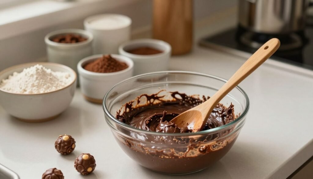 A cozy kitchen scene showcasing the process of mixing ingredients for Malteser brownies. In the foreground, a glass mixing bowl filled with a rich, chocolate batter, with scattered Malteser candies around it. A wooden spoon is resting in the bowl, coated in the glossy mixture. In the middle ground, an array of baking ingredients like flour, cocoa powder, and sugar, neatly organized in ceramic containers, hinting at a methodical approach to baking. The background features a softly blurred kitchen setting, with warm, ambient lighting creating a welcoming atmosphere. Capture the scene from a slightly elevated angle to accentuate the mixing process, while ensuring a homely and inviting mood.