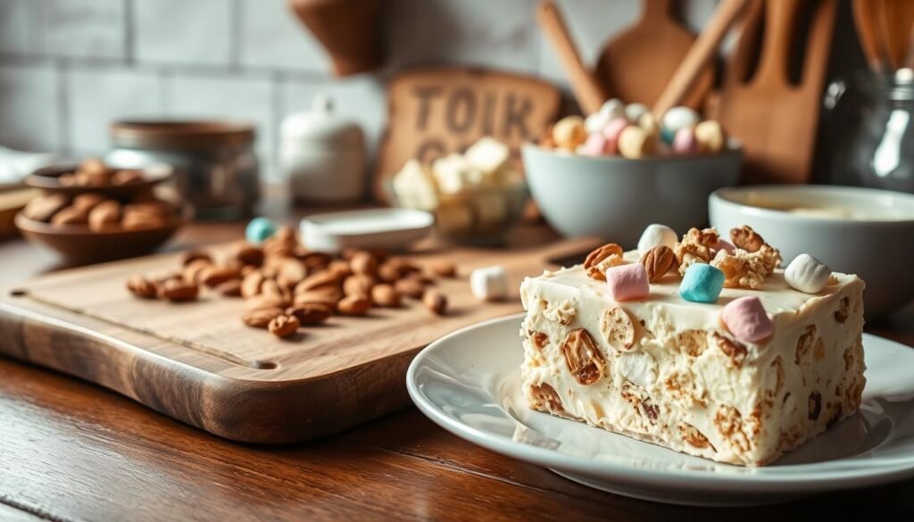 A delectable composition of White Chocolate Rocky Road, prominently displayed in a rustic kitchen setting. In the foreground, a generous slice of the rocky road dessert is showcased on an elegant white plate, highlighting the creamy white chocolate, crunchy nuts, and colorful mini marshmallows. The middle ground features a wooden cutting board with additional fun ingredients like roasted almonds and a bowl of melted white chocolate, inviting the viewer's attention. In the background, warm, soft lighting bathes the scene, casting a cozy atmosphere, with wooden kitchen utensils and a vintage cookbook subtly peeking out from a shelf. The overall mood is inviting and sweet, perfect for encouraging home baking. The angle captures the dessert from a slightly elevated perspective, creating depth and allure. A delectable composition of White Chocolate Rocky Road, prominently displayed in a rustic kitchen setting. In the foreground, a generous slice of the rocky road dessert is showcased on an elegant white plate, highlighting the creamy white chocolate, crunchy nuts, and colorful mini marshmallows. The middle ground features a wooden cutting board with additional fun ingredients like roasted almonds and a bowl of melted white chocolate, inviting the viewer's attention. In the background, warm, soft lighting bathes the scene, casting a cozy atmosphere, with wooden kitchen utensils and a vintage cookbook subtly peeking out from a shelf. The overall mood is inviting and sweet, perfect for encouraging home baking. The angle captures the dessert from a slightly elevated perspective, creating depth and allure.