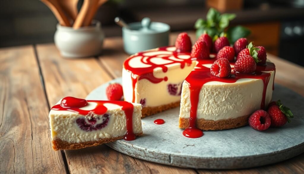 A delicious white chocolate cheesecake beautifully presented on a rustic wooden table. The cheesecake is adorned with a glossy raspberry sauce drizzled artfully over the top, complemented by fresh raspberries strategically placed around the edges. In the foreground, a slice of the cheesecake is carefully cut, revealing its creamy texture and white chocolate swirls. The lighting is soft and warm, creating an inviting atmosphere, with a slight shine reflecting off the cheesecake's surface. In the background, blurred kitchen utensils and a cozy kitchen setting provide context, while a hint of greenery adds freshness. The angle is above, capturing the allure of this elegant dessert, perfect for an indulgent treat. A delicious white chocolate cheesecake beautifully presented on a rustic wooden table. The cheesecake is adorned with a glossy raspberry sauce drizzled artfully over the top, complemented by fresh raspberries strategically placed around the edges. In the foreground, a slice of the cheesecake is carefully cut, revealing its creamy texture and white chocolate swirls. The lighting is soft and warm, creating an inviting atmosphere, with a slight shine reflecting off the cheesecake's surface. In the background, blurred kitchen utensils and a cozy kitchen setting provide context, while a hint of greenery adds freshness. The angle is above, capturing the allure of this elegant dessert, perfect for an indulgent treat.