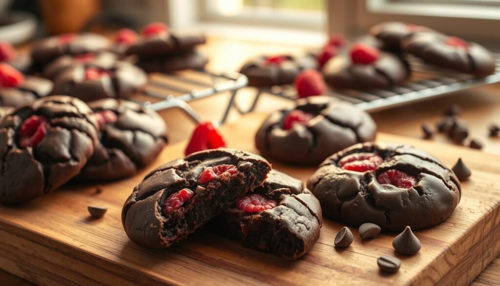 A freshly baked batch of raspberry chocolate cookies arranged on a rustic wooden cutting board. The cookies, rich in dark chocolate with vibrant, plump raspberries peeking through, have a glossy, slightly cracked surface indicating their perfect bake. In the foreground, a few cookies are broken apart, revealing their chewy center and overflowing raspberry bits. In the middle ground, a cooling rack holds additional cookies, gently steaming, while a few scattered chocolate chips and raspberries create a touch of charm. The background features a softly blurred kitchen setting with warm, natural light streaming in from a nearby window, casting soft shadows that evoke a cozy, inviting atmosphere perfect for baking. The overall mood is warm and comforting, highlighting the delight of homemade treats.