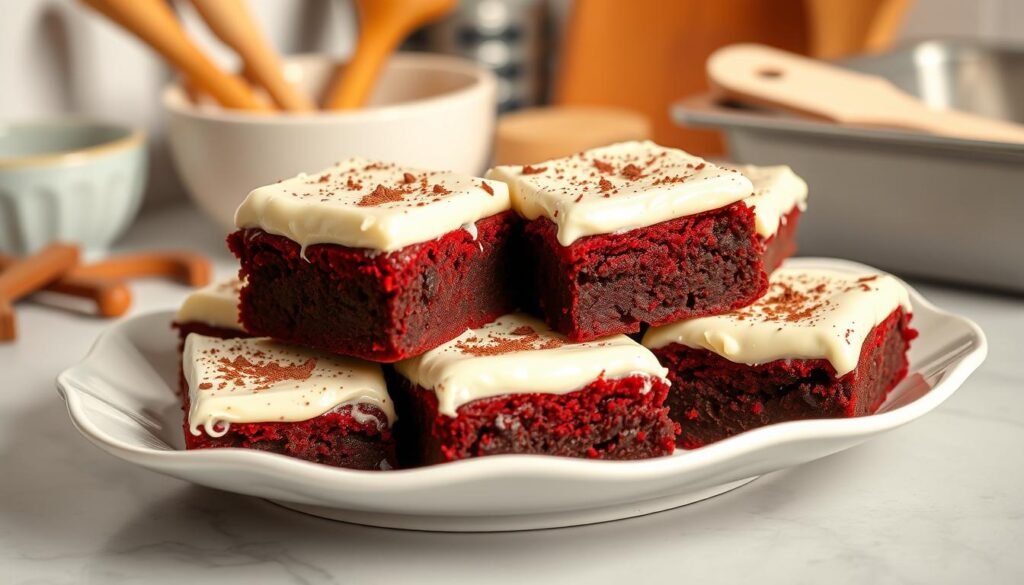 A mouthwatering display of rich red velvet brownies stacked enticingly on a elegant white plate, each piece showcasing its decadent texture and vibrant color. Topped generously with a smooth, creamy cream cheese frosting, slightly glossy and adorned with a sprinkle of cocoa powder for contrast. In the background, softly blurred kitchen elements hint at a warm, inviting baking atmosphere—wooden utensils, a mixing bowl, and a baking pan. The lighting is soft and warm, casting gentle shadows to accentuate the brownies' dense, moist composition, with a slightly overhead angle to capture the layers. The scene evokes a sense of indulgence and comfort, perfect for a delightful baking experience. A mouthwatering display of rich red velvet brownies stacked enticingly on a elegant white plate, each piece showcasing its decadent texture and vibrant color. Topped generously with a smooth, creamy cream cheese frosting, slightly glossy and adorned with a sprinkle of cocoa powder for contrast. In the background, softly blurred kitchen elements hint at a warm, inviting baking atmosphere—wooden utensils, a mixing bowl, and a baking pan. The lighting is soft and warm, casting gentle shadows to accentuate the brownies' dense, moist composition, with a slightly overhead angle to capture the layers. The scene evokes a sense of indulgence and comfort, perfect for a delightful baking experience.