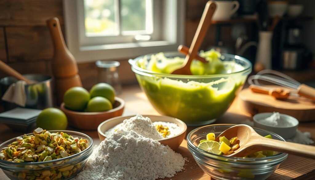 A warm, inviting kitchen scene centered around baking a pistachio and lime loaf cake. In the foreground, a hands-on arrangement of ingredients: a bowl of finely chopped pistachios, limes, flour, and sugar, with a wooden spoon partially submerged in batter. In the middle, a mixing bowl filled with a vibrant green batter, flecked with pistachio pieces, surrounded by baking tools like measuring cups and a whisk. The background features soft natural light streaming in through a window, casting gentle shadows and highlighting the rustic wooden countertop. The atmosphere is cozy and inviting, evoking the joy of home baking, with a slight focus on texture and color contrast.