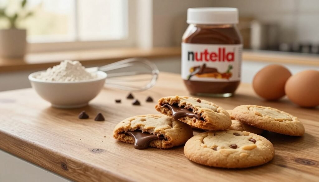 A warm, inviting kitchen scene featuring a close-up of freshly baked Nutella stuffed cookies on a rustic wooden tabletop. In the foreground, several cookies with melty Nutella oozing out of the edges, showcasing their delicious filling. The middle ground includes a few essential ingredients scattered artistically: a small bowl of flour, a glass jar of Nutella, chocolate chips, and a few eggs, all presented with a natural, homey feel. The background features softly blurred kitchen elements, like a whisk and measuring cups, illuminated by gentle, golden afternoon light filtering through a window, creating an inviting and cozy atmosphere. The perspective is slightly top-down to highlight the cookies and ingredients beautifully, evoking a sense of warmth and indulgence.