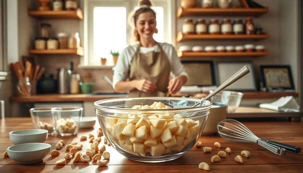 A warm kitchen scene centered on a wooden countertop bustling with the process of baking white chocolate macadamia nut cookies. In the foreground, a bowl filled with creamy white chocolate chunks and scattered macadamia nuts, surrounded by measuring cups and a whisk, emphasizes the ingredients. In the middle, a baker in a neat apron, confidently mixing the batter with a spatula, exhibiting a look of satisfaction. Bright, natural light filters through a nearby window, casting soft shadows and creating an inviting atmosphere. In the background, shelves lined with jars of ingredients and cookie sheets add depth, evoking a sense of homely charm. The overall mood is warm and inviting, celebrating the joy of baking.