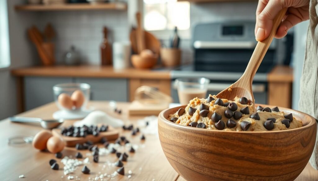 A well-lit kitchen countertop featuring a close-up of a wooden bowl filled with a rich, creamy cookie dough, dotted with semi-sweet chocolate chips. In the foreground, a hand wearing a modest cooking apron is gently mixing the dough with a wooden spoon, showcasing the texture and glistening chocolate. In the middle ground, various baking utensils such as measuring cups, a whisk, and flour scattered lightly around hint at the preparation process. The background reveals a warm, inviting kitchen ambiance with a soft-focus glimpse of a classic oven and fresh ingredients like eggs and vanilla. The overall mood is cozy and inviting, ideal for baking, with natural sunlight filtering through a nearby window, casting a soft glow on the scene.