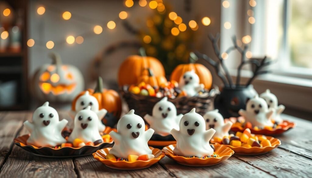 A whimsical display of cute Halloween snacks centered around white chocolate ghosts, artfully arranged on a rustic wooden table. In the foreground, several ghost-shaped treats featuring playful expressions, with mint chocolate chip eyes and smiles, are set on decorative orange and black plates. The middle layer includes vibrant candy corn, mini pumpkins, and colorful sprinkles. In the background, softly glowing Halloween-themed fairy lights create a cozy atmosphere, casting a warm, inviting glow. The scene is illuminated by natural light filtering through a nearby window, enhancing the playful and festive mood. The image is shot with a shallow depth of field to keep the focus on the charming snacks, evoking a sense of creativity and delight perfect for Halloween celebrations.