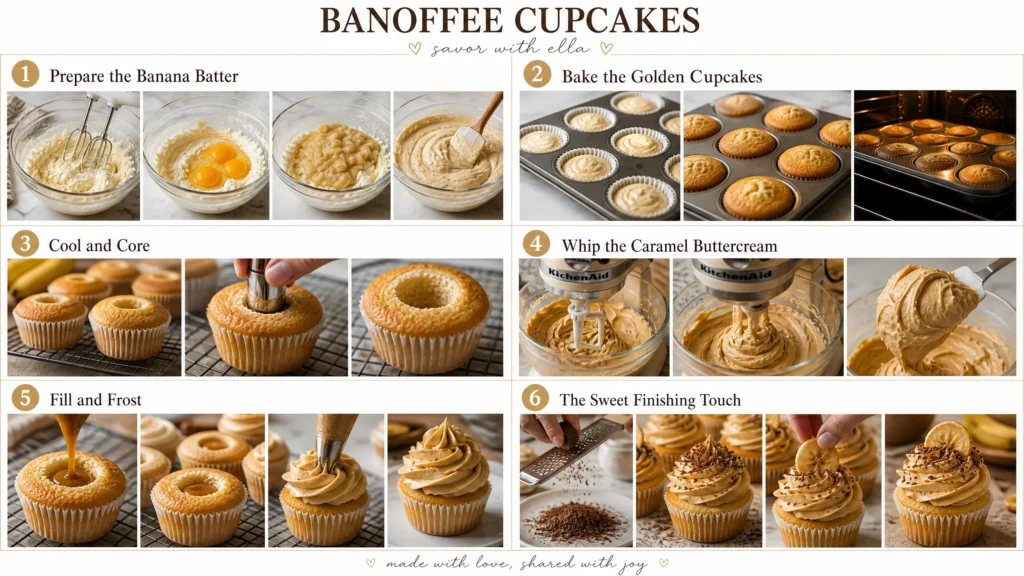 Step-by-step collage showing how to make banoffee cupcakes, including preparing banana batter, baking cupcakes, cooling and coring, whipping caramel buttercream, filling and frosting, and decorating with chocolate shavings and banana slices.