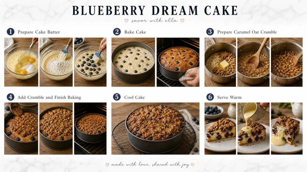 This detailed recipe collage walks through the process of making a Blueberry Dream Cake from scratch. The visual guide includes preparing a fluffy cake batter, folding in fresh blueberries, baking the cake, creating a buttery caramel oat crumble topping, adding the crumble before finishing the bake, and cooling the cake before serving. Final images showcase warm slices drizzled with creamy sauce for an extra indulgent finish. Perfect for brunch, dessert tables, cozy gatherings, or afternoon coffee, this blueberry crumble cake combines juicy berries, soft cake, and crunchy caramel oats in every bite.