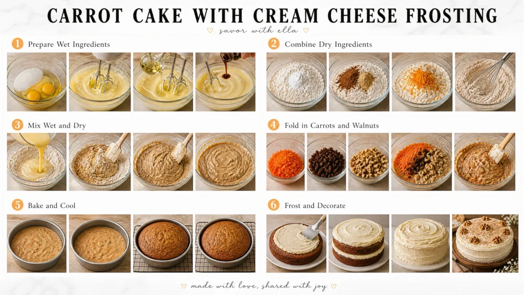Step-by-step collage showing how to make carrot cake with cream cheese frosting, including mixing wet and dry ingredients, folding in carrots and walnuts, baking the cake layers, and frosting the finished cake.