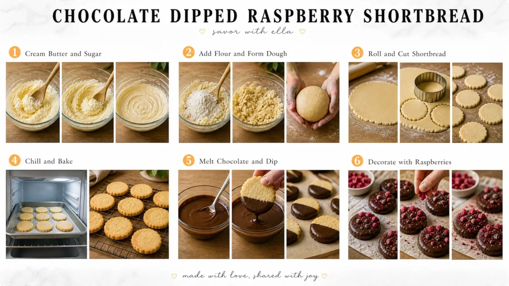 This detailed recipe collage walks through every step of making chocolate-dipped raspberry shortbread cookies. The process includes creaming butter and sugar, mixing and shaping the dough, rolling and cutting delicate shortbread rounds, baking until lightly golden, dipping each cookie into smooth melted chocolate, and finishing with vibrant freeze-dried raspberries. Perfect for holidays, afternoon tea, edible gifts, or elegant dessert platters, these buttery chocolate-covered shortbread cookies are both beautiful and delicious.