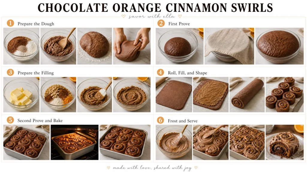 Step-by-step collage showing how to make chocolate orange cinnamon swirls, including preparing the dough, proving, making the filling, rolling and shaping the swirls, baking, and frosting the finished buns.