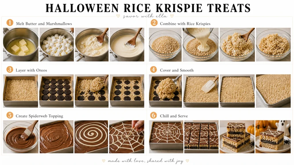 Step-by-step collage showing how to make Halloween Rice Krispie treats, including melting marshmallows and butter, mixing with Rice Krispies, layering with Oreos, smoothing the mixture, creating a spiderweb topping, and slicing into bars.