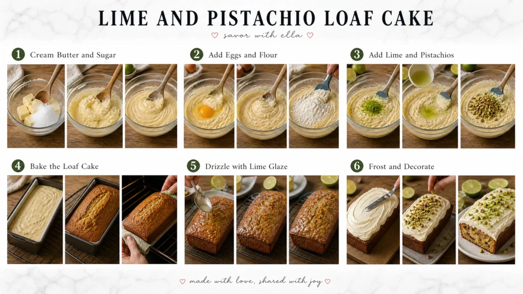 This detailed recipe collage walks through the complete process of making a Lime and Pistachio Loaf Cake from scratch. The visual guide includes creaming butter and sugar, adding eggs and flour, mixing in fresh lime zest, lime juice, and chopped pistachios, then baking the loaf until golden. The cake is finished with a glossy lime glaze, smooth frosting, and a sprinkle of crunchy pistachios for extra flavor and texture. Perfect for spring gatherings, afternoon tea, brunch, or elegant homemade desserts, this moist loaf cake combines bright citrus flavors with rich nutty pistachios in every slice.