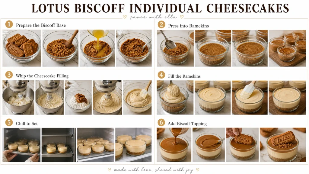 Step-by-step collage showing how to make Lotus Biscoff individual cheesecakes, including preparing the biscuit base, pressing it into ramekins, whipping the cheesecake filling, filling the cups, chilling to set, and topping with Biscoff spread and biscuits.