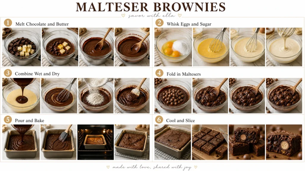 This image illustrates a six-step process for making Malteser brownies. It begins with melting chocolate and butter, followed by whisking eggs and sugar until light and creamy. The wet and dry ingredients are combined to form a thick batter, then Maltesers are folded in for added texture. The batter is poured into a baking pan and baked until set. Finally, the brownies are cooled and sliced into squares, revealing a dense, fudgy texture with chocolate malt balls inside.