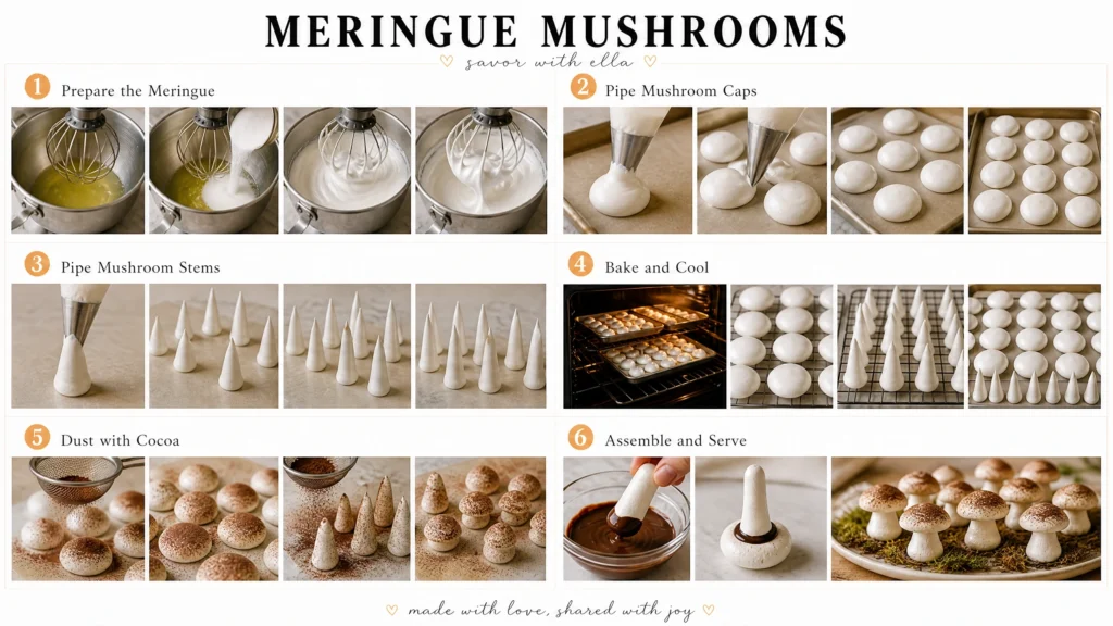 Step-by-step collage showing how to make meringue mushrooms, including preparing the meringue, piping mushroom caps and stems, baking, dusting with cocoa powder, and assembling the mushrooms.