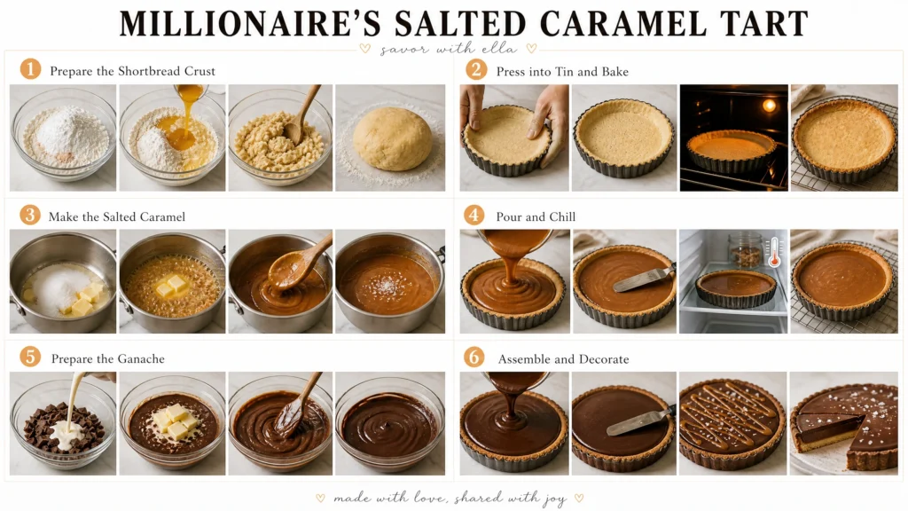 Step-by-step collage showing how to make a millionaire’s salted caramel tart, including preparing the shortbread crust, baking the tart shell, making salted caramel, chilling the filling, preparing chocolate ganache, and decorating the finished tart.
