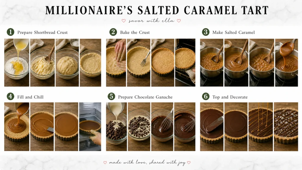 This detailed recipe collage from “Savor with Ella” walks through the process of making a decadent Millionaire’s Salted Caramel Tart. The image includes six stages: preparing the buttery shortbread crust, baking the tart shell, cooking homemade salted caramel, filling and chilling the tart, making silky chocolate ganache, and decorating the finished dessert with caramel drizzle and flaky sea salt. The final tart features layers of crisp shortbread, creamy caramel, and rich chocolate for an elegant bakery-style dessert.