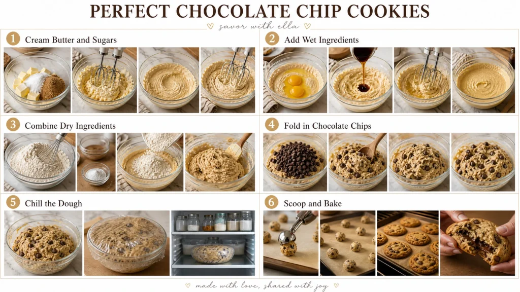 Step-by-step collage showing how to make perfect chocolate chip cookies, including creaming butter and sugars, adding wet ingredients, combining dry ingredients, folding in chocolate chips, chilling the dough, and scooping and baking the cookies.