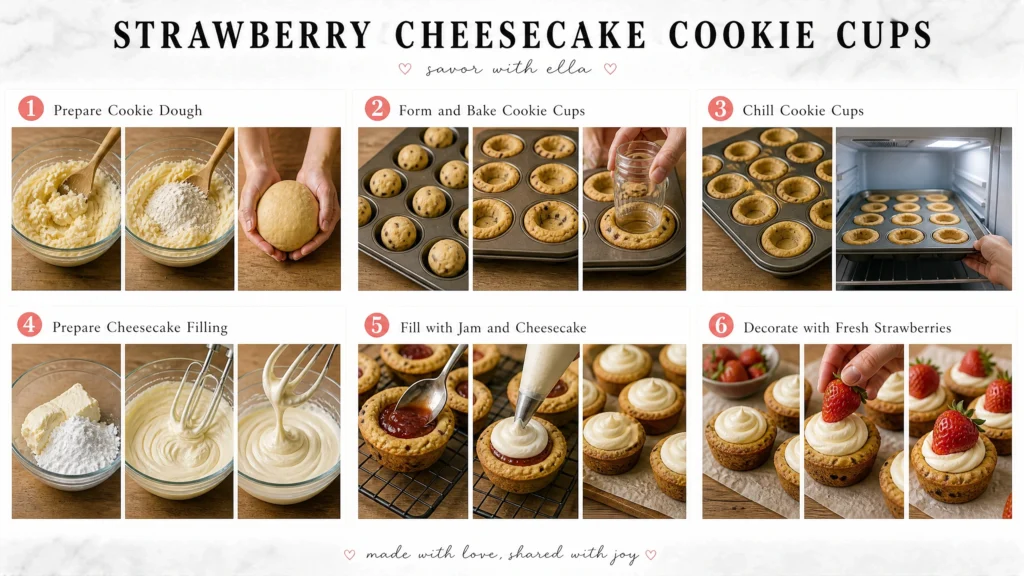 This recipe collage demonstrates the full process of making Strawberry Cheesecake Cookie Cups from scratch. The visual guide includes mixing the cookie dough, shaping and baking mini cookie cups, chilling them, preparing a smooth cheesecake filling, adding strawberry jam centers, piping the creamy filling into each cup, and decorating with fresh strawberries. These elegant mini desserts are perfect for parties, Valentine’s Day, brunch tables, summer gatherings, or holiday dessert platters. The combination of buttery cookie cups, rich cheesecake filling, and juicy strawberries creates a beautiful and irresistible treat.