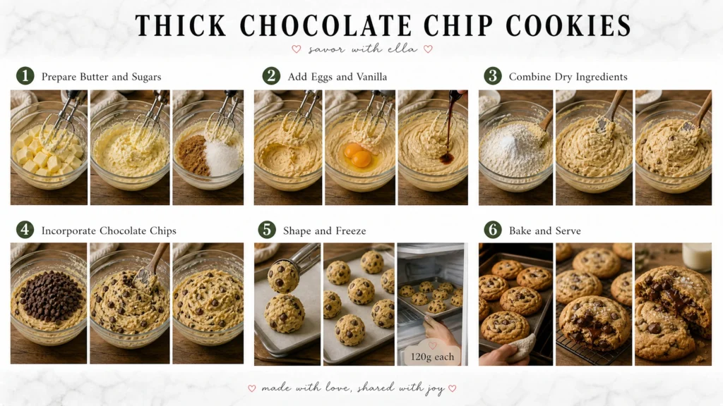 This instructional baking collage from “Savor with Ella” demonstrates the complete process for making thick chocolate chip cookies. The image walks through six stages: preparing butter and sugars, adding eggs and vanilla, combining dry ingredients, folding in chocolate chips, shaping and freezing the cookie dough, and finally baking and serving the cookies. The finished cookies are golden brown, thick, chewy, and filled with melted chocolate, creating a bakery-style dessert perfect for sharing.