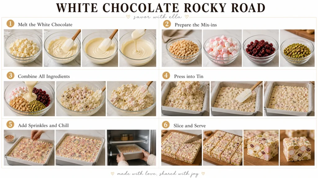 Step-by-step collage showing how to make white chocolate rocky road, including melting white chocolate, preparing mix-ins like marshmallows and nuts, combining ingredients, pressing into a pan, adding sprinkles, chilling, and slicing into squares.
