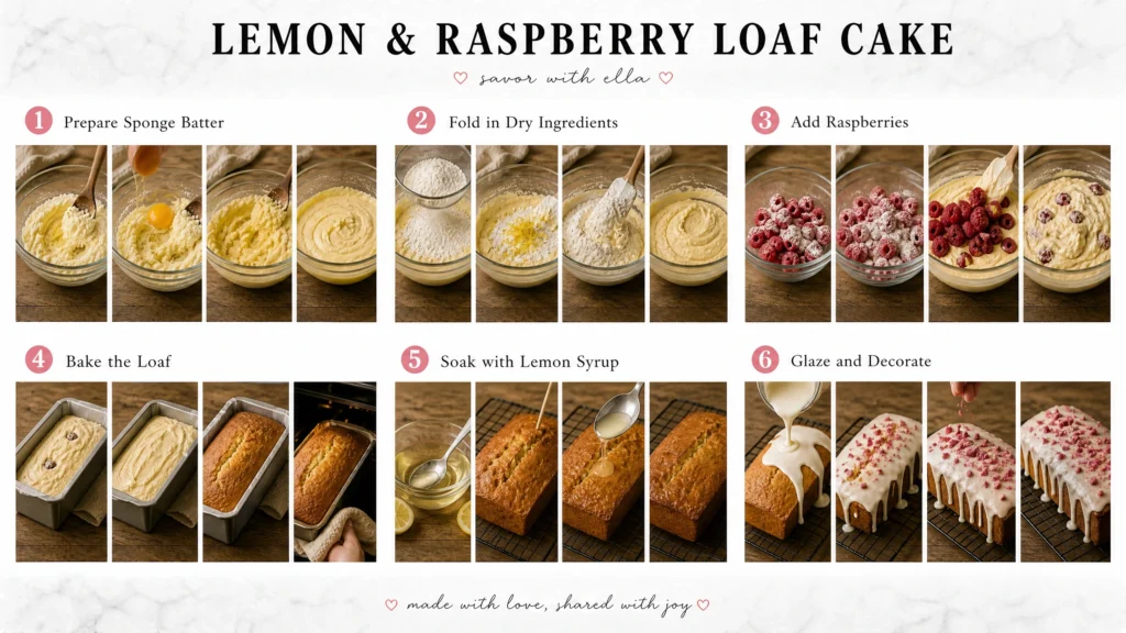 This recipe collage from “Savor with Ella” illustrates the full process of making a lemon and raspberry loaf cake. The guide includes six stages: preparing the sponge batter, folding in dry ingredients and lemon zest, adding fresh raspberries, baking the loaf cake until golden, brushing the cake with lemon syrup for extra moisture, and finishing with a thick lemon glaze and raspberry decoration. The final loaf is bright, fruity, and perfect for dessert, brunch, or afternoon tea.