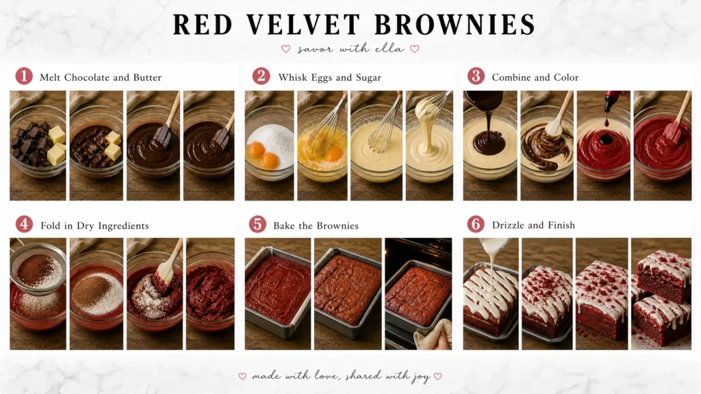 Step-by-step collage showing how to make red velvet brownies, including melting chocolate and butter, whisking eggs and sugar, mixing the batter with red food coloring, folding in dry ingredients, baking, and finishing with a white chocolate drizzle.