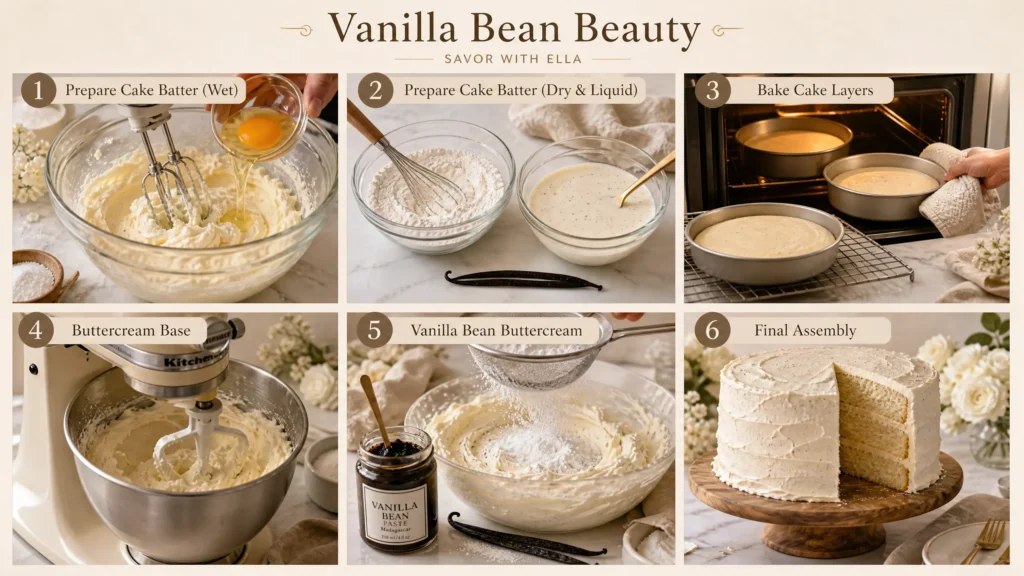 This recipe collage from Savor with Ella illustrates the complete process of making a classic Vanilla Bean Cake. The guide begins with preparing the cake batter by creaming butter and sugar, adding eggs, and combining the dry and liquid ingredients infused with real vanilla bean. It then shows baking the cake layers until light and fluffy, preparing a smooth vanilla bean buttercream, and frosting the cake before assembling the final layered dessert. The finished cake features tender vanilla-speckled sponge layers covered in creamy vanilla bean buttercream, making it an elegant centerpiece for birthdays, celebrations, weddings, or any special occasion.