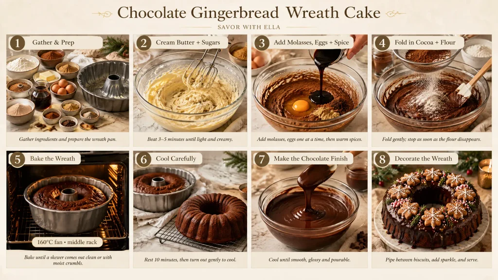 A step-by-step visual guide for making a Chocolate Gingerbread Wreath Cake. The collage shows gathering and preparing ingredients, creaming butter and sugar, adding molasses, eggs, and spices, folding in cocoa and flour, baking the wreath cake, cooling it, preparing a smooth chocolate finish, and decorating the finished cake with gingerbread cookies, snowflake details, and festive sprinkles. A cozy holiday baking tutorial from Savor With Ella.