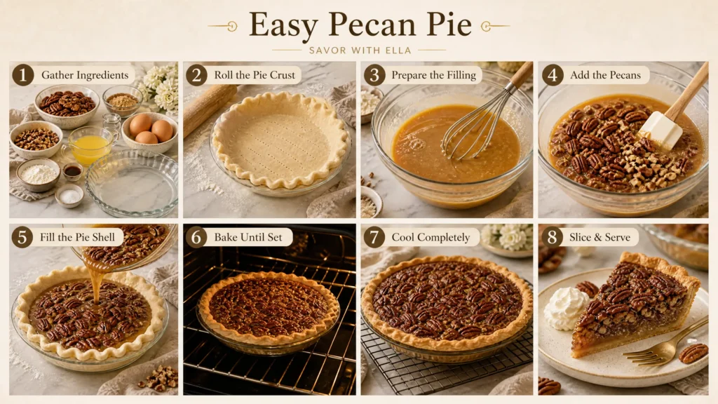 A step-by-step visual guide for making an Easy Pecan Pie from scratch. The collage shows gathering the ingredients, preparing and rolling the pie crust, mixing the filling, adding pecans, filling the pie shell, baking until set, cooling completely, and serving a golden pecan pie slice with whipped cream. A delicious baking tutorial from Savor With Ella.