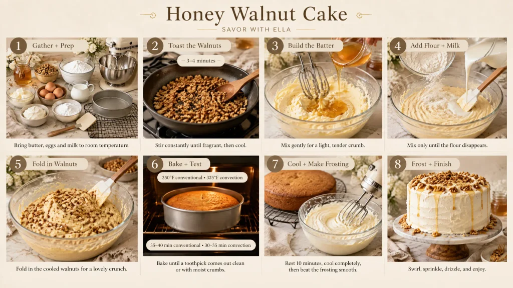 Step-by-step Honey Walnut Cake recipe guide featuring eight stages: gathering ingredients, toasting walnuts, preparing the batter, adding flour and milk, folding in walnuts, baking the cake, making the frosting, and decorating the finished cake with walnuts and honey drizzle. Designed in the warm, elegant Savor With Ella style.