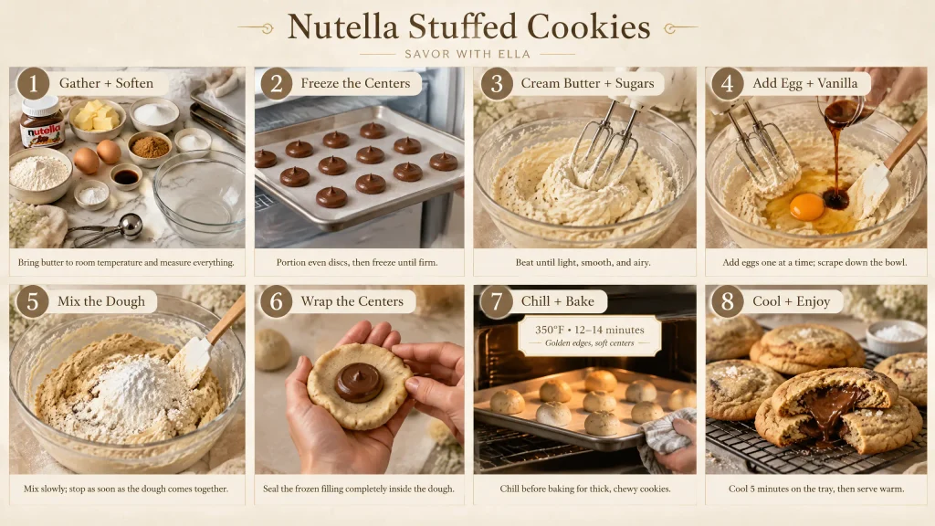 An 8-step infographic by "Savor with Ella" showing how to make Nutella stuffed cookies. Step 1: Gather and soften ingredients including Nutella, butter, sugars, flour, and eggs. Step 2: Freeze dollops of Nutella on a baking sheet. Step 3: Cream butter and sugars with an electric mixer. Step 4: Add egg and vanilla extract to the mixture. Step 5: Mix in the dry ingredients to form a dough. Step 6: Wrap the dough around the frozen Nutella centers. Step 7: Chill and bake the cookies at 350°F for 12-14 minutes. Step 8: Cool and enjoy the cookies, with a final image showing a cookie broken in half with melted Nutella oozing out.