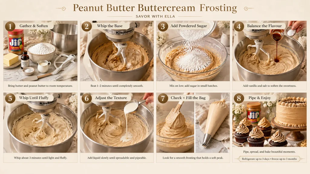 A step-by-step visual guide for making peanut butter buttercream frosting. The collage shows gathering and softening the ingredients, whipping the butter and peanut butter, adding powdered sugar, balancing the flavor with vanilla and salt, whipping until fluffy, adjusting the texture, filling a piping bag, and piping the finished frosting onto cakes and cupcakes. A simple and delicious frosting tutorial from Savor With Ella.