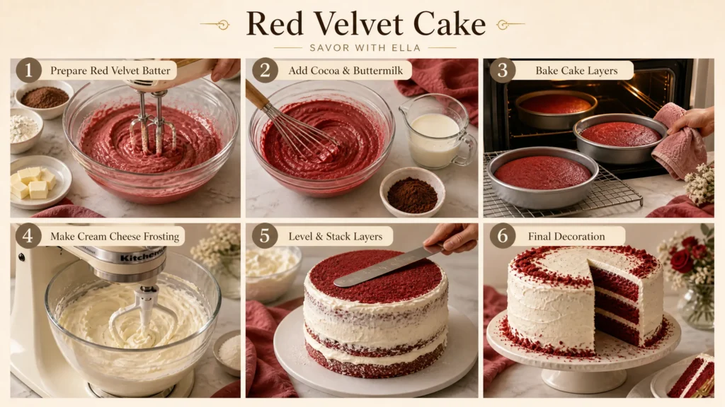 A step-by-step visual guide for making a beautiful Red Velvet Cake. The collage shows preparing the red velvet batter, adding cocoa and buttermilk, baking the cake layers, making cream cheese frosting, leveling and stacking the layers, and decorating the finished cake with red velvet crumbs. A delicious baking tutorial from Savor With Ella.
