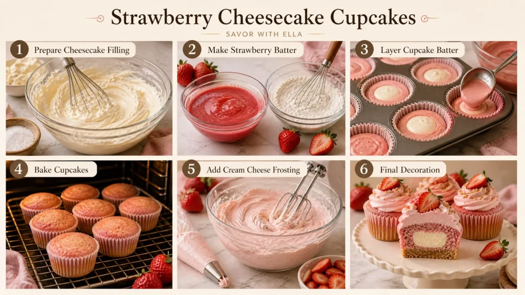 A step-by-step visual guide for making strawberry cheesecake cupcakes. The image shows preparing the cheesecake filling and strawberry batter, layering the cupcake mixture, baking the cupcakes, preparing strawberry cream cheese frosting, and decorating the finished cupcakes with fresh strawberry slices. The final cupcake is cut open to reveal its creamy cheesecake center and golden biscuit-style base.