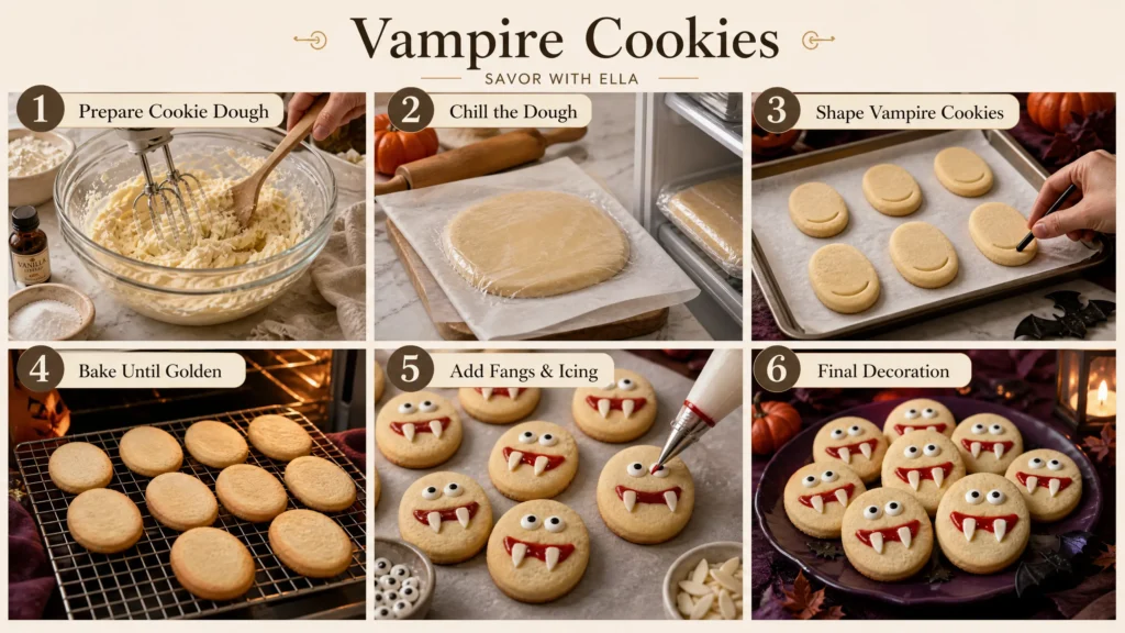 A step-by-step visual guide for making homemade Vampire Cookies. The image shows preparing and chilling the cookie dough, shaping the cookies with vampire-style smiles, baking them until golden, and decorating them with red icing, candy eyes, and white edible fangs. The finished cookies are arranged on a dark purple plate with Halloween-inspired decorations.