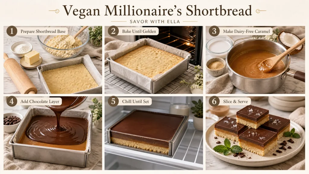 A six-step visual guide for making Vegan Millionaire’s Shortbread. The image shows preparing and baking the shortbread base, making a rich dairy-free caramel layer, adding the chocolate topping, and chilling the dessert until set. The finished shortbread is cut into neat squares and served with a glossy chocolate layer, caramel center, and golden shortbread base, garnished with a light sprinkle of flaky salt and fresh mint.