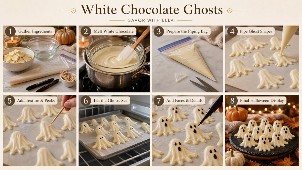 A step-by-step visual guide for making White Chocolate Ghosts. The collage shows gathering the ingredients, melting white chocolate, preparing a piping bag, piping ghost shapes, adding texture and peaks, letting the ghosts set, decorating them with chocolate faces, and arranging the finished treats for a festive Halloween display. A fun seasonal recipe tutorial from Savor With Ella.